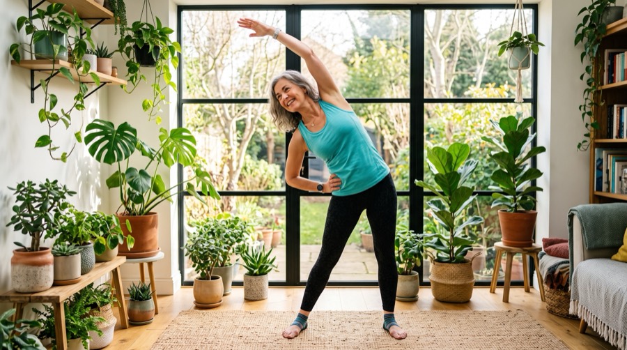 A woman doing gentle morning stretches by a window