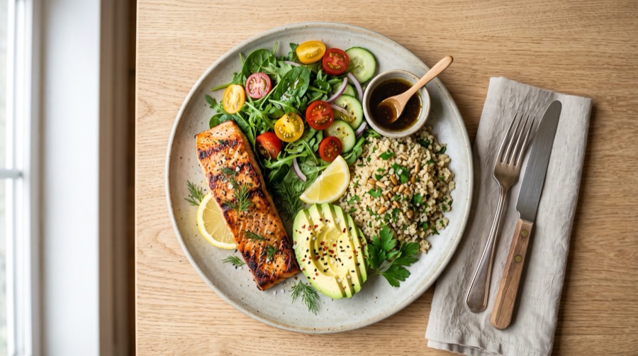 A balanced, colorful plate of whole foods