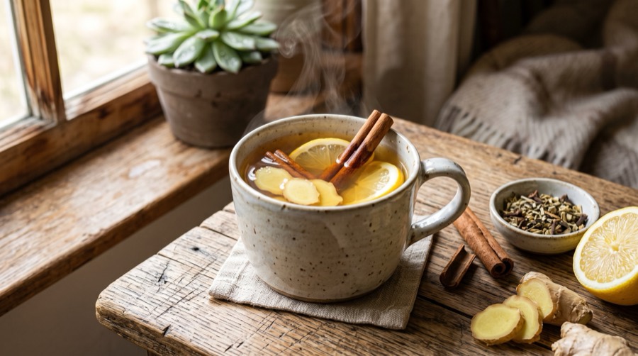 A warm cup of herbal tea with ginger and cinnamon