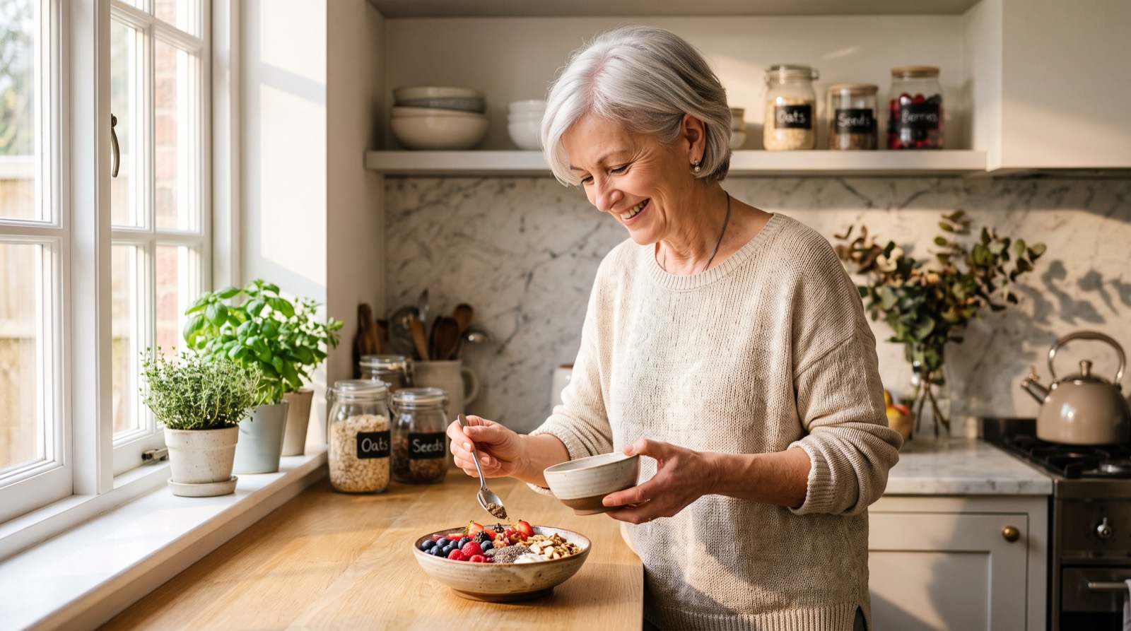 A woman preparing a fresh, colorful breakfast in a bright kitchen